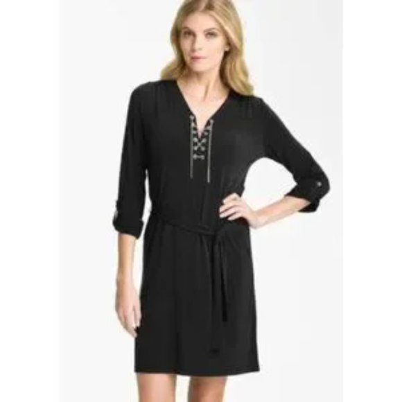 MICHAEL Michael Kors Dress Jersey Knit Mob Wife LS Lace Up Black White Print 1X - Picture 2 of 16